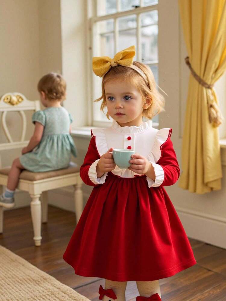 Baby Girl Ruffle Trim Flounce Sleeve Dress & Hat, For Christmas