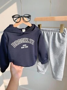 男婴/女婴休闲舒适百搭字母印花长袖连帽衫和抽绳裤套装，适合生日派对、洗礼、1 岁生日庆祝、晚会、表演、婚礼等场合 - 彩色 - 查看 2