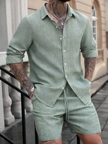 Manfinity Homme 2 件男士休闲通勤衬衫和短裤套装，秋季服装 - 綠色 - 查看 1