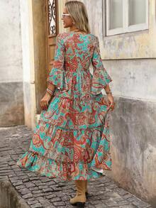 Brillora 女式V领荷叶边袖波西米亚风印花连衣裙，秋冬 - 彩色 - 查看 2