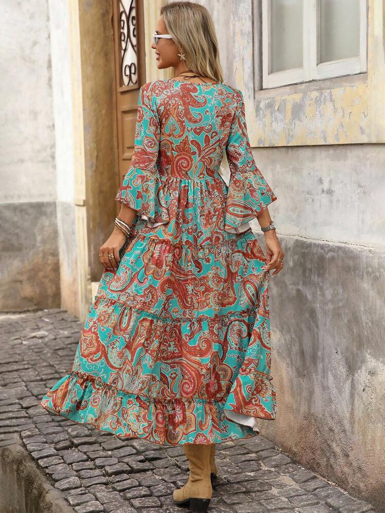 Abito da donna con scollo a V, maniche a volant, stile bohémien con stampa, adatto per autunno/inverno - Multicolore - Visualizzare 2