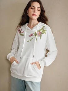 Anewsta Áo hoodie thêu hoa giản dị - trắng - Xem 6