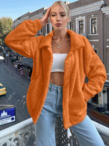 EURMUSE Drop Shoulder Teddy Jacket - Orange - View 6