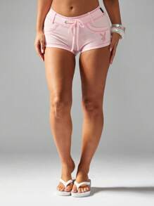 Missguided x Playboy Quần đùi thể thao cạp cao co giãn, dây rút thời trang mùa hè, chất liệu cotton pha trộn, cạp chun, kiểu dáng cổ điển, có túi bên hông dễ thương, mặc lễ hội - Hồng - Xem 4