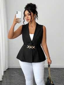 Elenzga لا تنفد أبدًا من الأناقة، مجموعة الأناقة الغريبة (أنا بحالة سيئة) (جمالية الأربعاء) بلوزة كبيرة الحجم من قماش منسوج أنيقة وقابلة للتنوع، تصميم ياقة مميز، خط أميرة لتنحيف الخصر، زخرفة إبزيم معدني، بدون أكمام، مناسبة للتنقل والتسوق والترفيه، مناسبة لمناسبات متعددة، جذابة للتصوير، قماش مريح، طراز مميز، أداء عالي الجودة