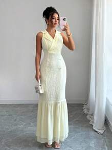 Elenzga 女士优雅提花拼布鱼尾无袖连衣裙，夏季 - 黃色 - 查看 4