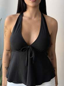 Lucia Bellido Top a babydoll con scollo a V nero, fiocco e schienale aperto, per donne, abbigliamento casual da vacanza adatto per l estate - nero - Visualizzare 6