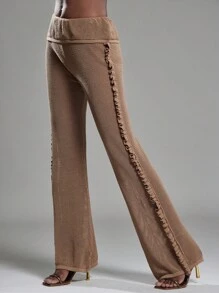 NYA SZN Pant High Rise Skirt Over Pant Ruffle Detail Brunch Spring Summer Vacation Stretch Knit Pant Outfits For Women - Brown - View 5