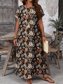 EMERY ROSE Elegant Plus Size Long Tunic Dress With Random Print And Round Neckline Long Floral Dress Maxi Dress With Short Sleeves,Holiday Outfits For Women - Multicolor - View 4