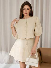 Auralis 大码女式夏季短裙套装、女式两件套、裙裤套装、杏色短袖套装、休闲女装可爱上衣女士休闲套装女士套装女士狂欢装休闲女装 - 杏色 - 查看 1