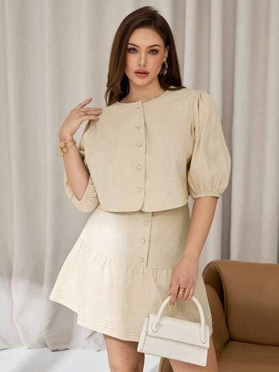 Auralis Plus-Size Women's Summer Short Skirt Set, Women's Two Pieces Set, Culottes Set, Apricot Short-Sleeved Set, Casual Women's Clothing Cute Tops Lounge Sets For Women Matching Sets Women Rave Outfits Casual Women Outfits