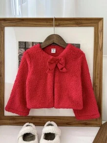 SHEIN Baby Girls' Autumn/Winter Warm Fleece Cardigan With Bow, Versatile And Elegant, Suitable For Outings Fall - Red - View 1