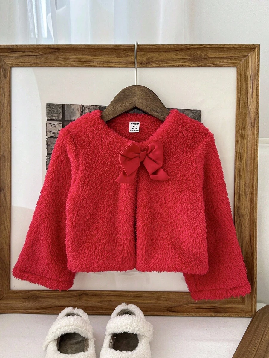 SHEIN Baby Girls' Autumn/Winter Warm Fleece Cardigan With Bow, Versatile And Elegant, Suitable For Outings Fall - Red - View 1