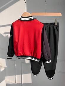 2pcs/Set Young Boy & Girl Casual Sports Style Raglan Loose Baseball Collar Knit Race Car Driver Jacket And Ribbed Cuff Pants Two Pieces Outfit, Suitable For Autumn/Winter Wear