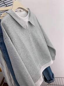 INAWLY Women Classic Solid Color Turndown Collar Loose Casual Sweatshirt Graduation,Back To School,Teacher, Pullover Fall - Grey - View 2