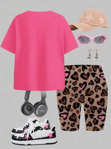 SHEIN Leap Crew 2 件套青少年女孩休闲简约短袖宽松 T 恤和紧身裤套装，适合夏季 - 彩色 - 查看 2