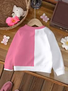 TOM & JERRY X SHEIN 女婴圆领长袖卫衣，舒适休闲卡通字母印花拼色，秋冬 - 白色 - 查看 2