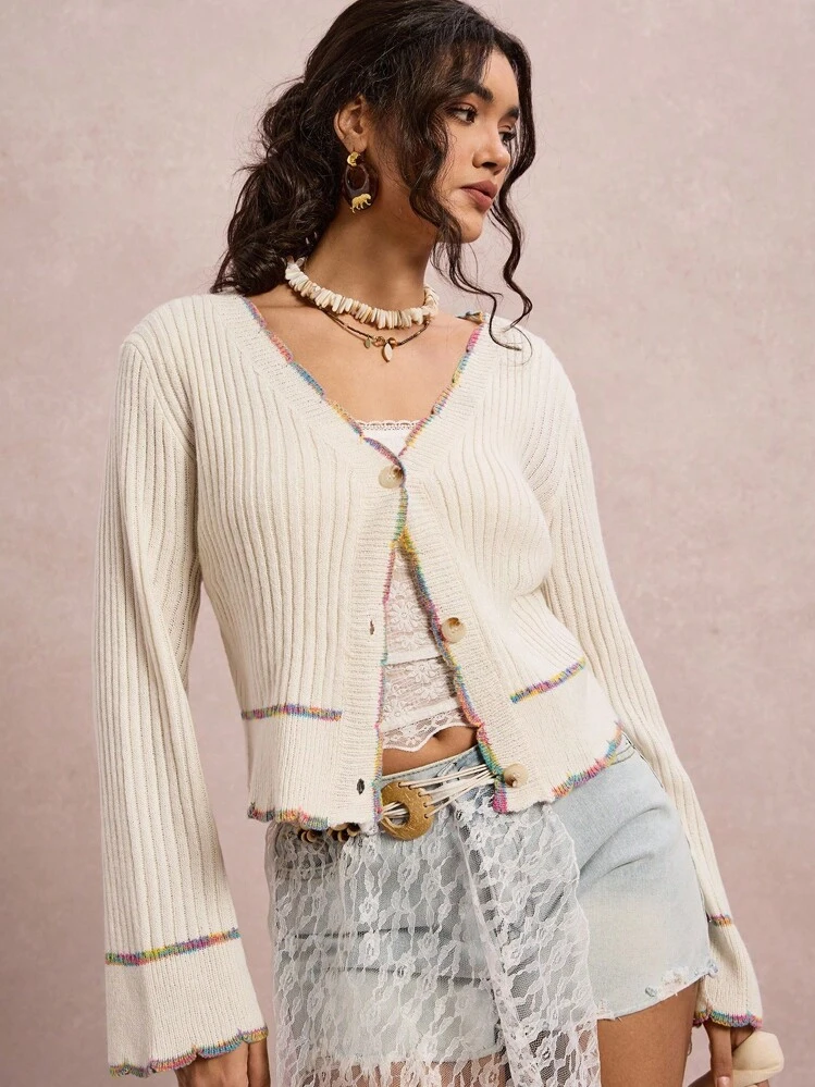 SHEIN VCAY 秋冬大码女式休闲时尚纽扣长袖开衫教师装 - 米色 - 查看 3