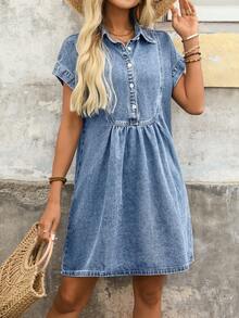 EMERY ROSE Denim Collar Dress For Women, Fashion Distressed Slimming - Light Wash - View 6
