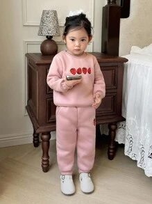 SHEIN Bộ 2 áo thun dài tay cổ tròn thêu họa tiết dâu tây ngọt ngào cho bé gái và quần dài cùng màu, thích hợp mặc ở nhà, đi chơi, dự tiệc, thường ngày - Hồng - Xem 3