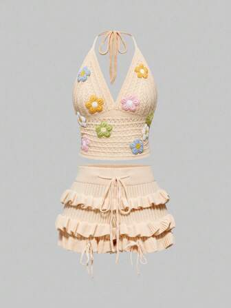 Ensemble pull plissé à col ras-du-cou floral vintage, vacances d'été