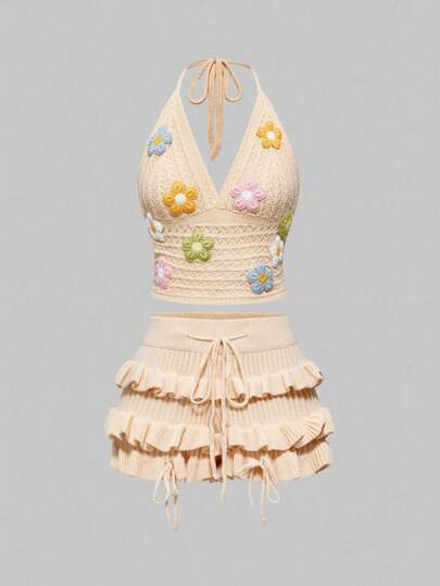 Vintage Floral Halter Pleated Women Sweater Set, Summer Holiday