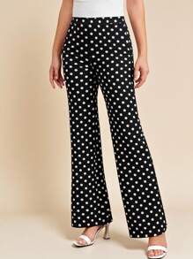 SHEIN Tall CURVE Plus Size Women's Autumn New Vintage Polka Dot Black & White Print Stretch Knit Pants, Versatile For Daily, Commuting And Multi-Occasion Wear Polka Dot Pants High Waisted Pants - Black - View 5