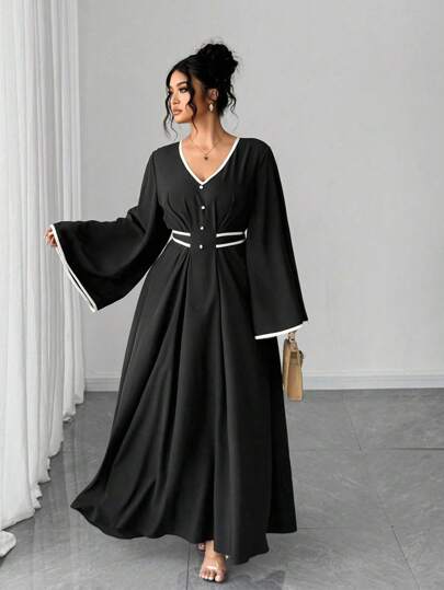 Elenzga Never Out Of Style: Gothic Prep With A Wednesday Twist. Embrace Your Inner Shadow Dark Feminine Fashion. Elegant Bell Sleeve Black And White Color Block A-Line Dress  Never Out Of Style, Gothic  Prep With A Wednesday Twist (Wednesday Aesthetic) The Addams Vibe (Not TheFamily) Fall Cloth For Women