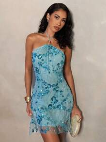 Glamine Blue Sleeveless Dress With Sparkling Sequins, Lightweight And Minimalist Design With Bead Embellishments, Perfect For A Party Look.