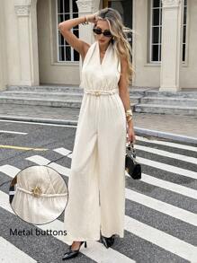 SHEIN Frenchy Women's Fashion Holiday Casual Romantic Halter Backless Jumpsuit Summer - Apricot - View 4