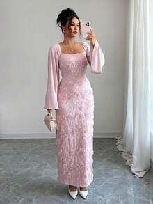 Selianne Đầm nữ cổ vuông tay loe họa tiết hoa thanh lịch - Hồng - Xem 4