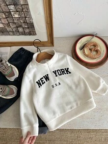 1 Peça Moletom Casual Fofo Diário Versátil para Meninos Jovens, Bordado em Inglês Bege e Branco Felpudo, Gola Alta Solta de Manga Longa, Adequado para Passeios, Escola, Reuniões Diárias, Outono/Inverno - Branco - Visão 4