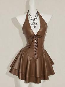 SHEIN ICON 女士 Y2k 时尚辣妹演唱会女装俱乐部派对节日狂欢装 Y2k 外出交叉带 PU 皮革露背迷你吊带黑色连衣裙 - 棕色 - 查看 3