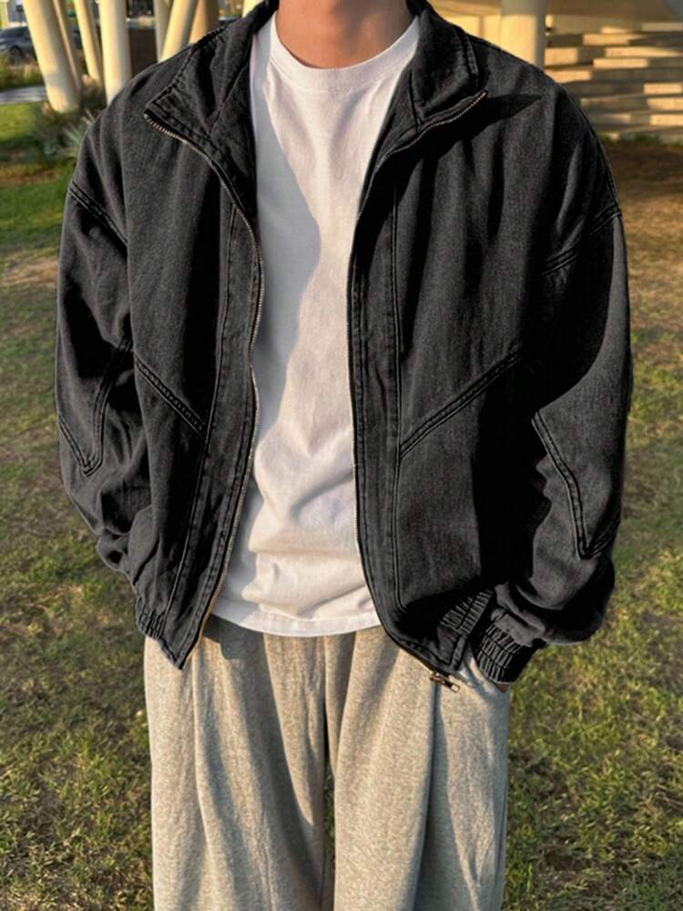 Men's Solid Blue Denim Jacket, Autumn