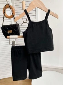 SHEIN 3 件套女婴夏季休闲条纹长袖防晒翻领衬衫外套、柔软黑色吊带背心和紧身短裤套装，适合上学、日常穿着和运动 - 黑與白 - 查看 5
