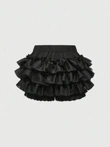 ROMWE Kawaii Spring/Summer Women's Sweet Solid Color Ruffle Hem Shorts - Black - View 2