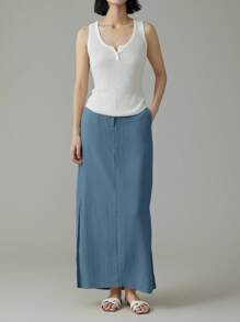 EMERY ROSE Women Solid Color Pocket Side Slit Hem Straight Casual Skirt - Blue - View 3