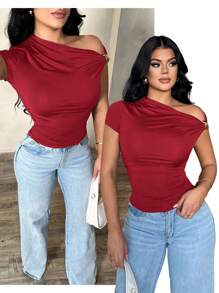 SHEIN SXY 女士性感优雅简约不对称单肩露肩上衣，夏季休闲百搭衬衫