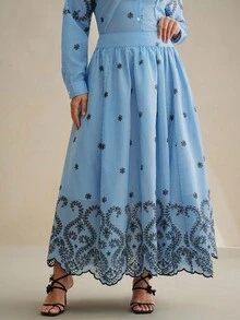 Anewsta 加大码条纹刺绣半身裙，适合春季、节日、假日、度假，优雅女士连衣裙 - 藍色 - 查看 4