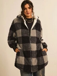 Freevana Plus Buffalo Plaid Pattern Drop Shoulder Hooded Teddy Coat Winter Fall Autumn - Black and White - View 7