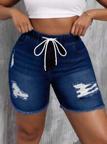 EURMUSE Plus Size Women Casual Distressed Frayed Drawstring Denim Shorts - Dark Wash - View 4