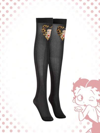 Betty Boop | ROMWE 1 Pair Fashionable Cute & Leopard Print Heart Thigh High Socks, Suitable For Travel, Shopping, Commuting, A Great Gift For Women