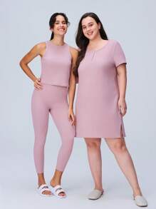 LUVLETTE Soft Cotton Plus Women Misty Forest Style Pink Soft Ribbed Cotton Round Neck Pajamas Dresses Vestidos Casuales De Mujer Lingerie As Outerwear Cozy At Home Bridal Intimates& Pyjamadressing - Pink - View 6