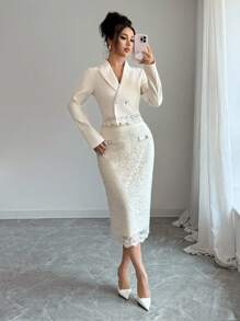 Modelyn Women's Suit Jacket With Contrast Lace & Button Decor + Lace Button Decor Skirt, Elegant 2 Pieces Set Fall Cloth For Women - Apricot - View 5
