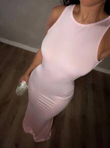 Glamine Vacay Vibes SummerHoliday  Bow Decor Backless Sleeveless Maxi Dress For Women, Summer - Pink - View 3