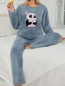 RueChic 2Pcs Pelush Panda Embroidery Detail PJ Set - Blue - View 1