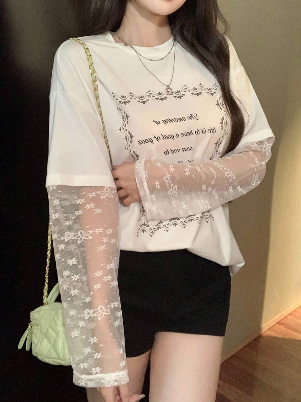 Autumn/Spring & Summer Casual Loose Letter Graphic Print Mesh Lace Patchwork Round Neck Long Sleeve Tee Shirt For Women,Fall Women Clothes