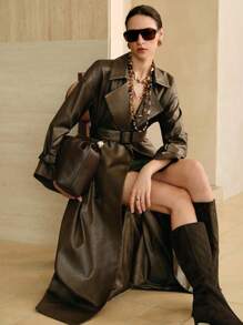 Arave 女士涂层面料时尚复古双排扣超大长款风衣（配腰带）、秋季女装、复古风女士、万圣节女装、休闲女士、机场美亚德风格旅行 - 咖啡棕 - 查看 1