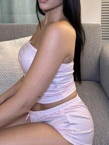 Lucia Bellido 女士休闲条纹蝴蝶结装饰短款上衣和短裤 2 件套，夏季 - 粉色 - 查看 6