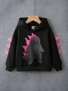 GODZILLAxKONG X SHEIN 小男孩卡通图案长袖宽松针织黑色连帽卫衣